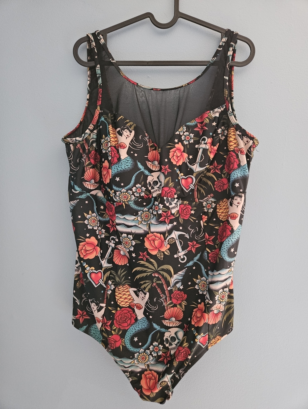 Torrid 3 Mermaid Tattoo Print 1 Piece Swimsuit Mesh Sweetheart Pinup Rockabilly